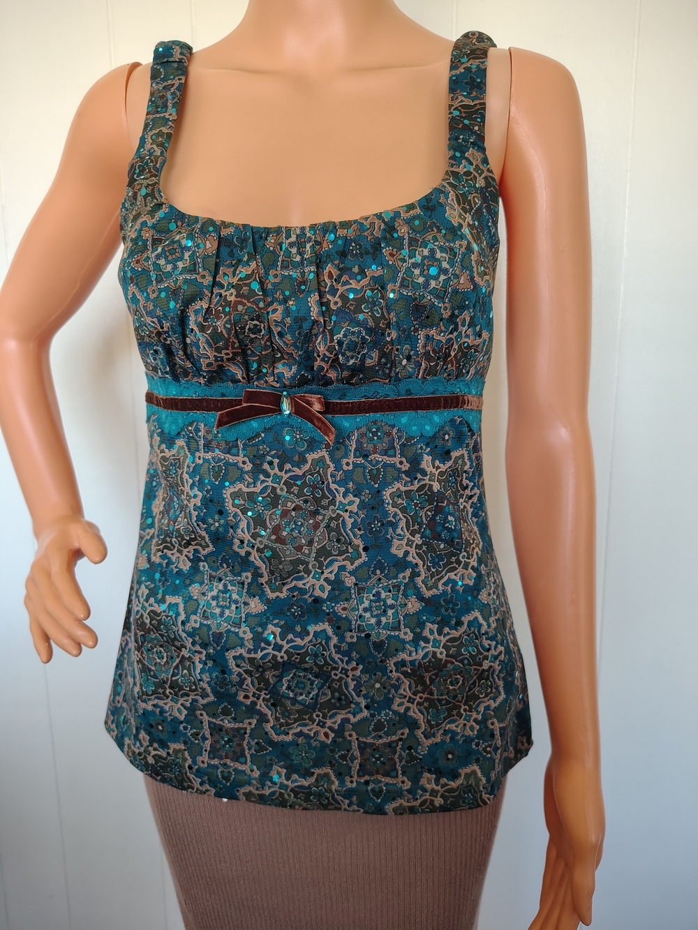 Self SteemTeal Patterned Sleeveless Tank Top with Velvet Trim Size M